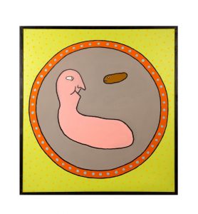 Taideteoskuva jossa pelkistetty hahmo ja geometrisia muotoja