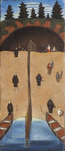 Mustakaapuiset luurangot saattelevat ihmisiä rantaan saapuneista veneistä luolaan.