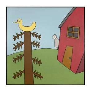Taideteos, jossa on punainen talo ja pelkistetty puu. Puun latvassa on keltainen pelkistetty linty. Talon takaa kurkistaa pelkistetty ihmishahmo.