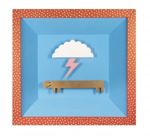 Taideteos, jossa pelkistetty neljäjalkainen hahmo, jonka yläpuolella on salamoiva pilvi.