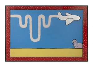 Teoskuvassa lentokone, jonka suihkuvana muistuttaa penistä sekä abstrakti hahmo maassa lentokoneen alapuolella.