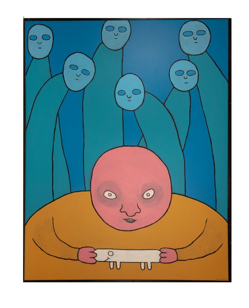 Taideteos, jonka alaosassa pelkistetty ihmismäinen hahmo pitää käsiensä välissä pelkistettyä neljäjalkaista hahmoa. Heidän takanaan on useita pelkistettyjä ihmismäisiä hahmoja.