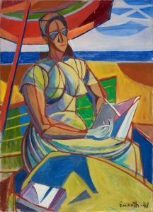 Teos, jossa abstrahoitu nainen istuu ulkona pöydän ääressä ja lukee kirjaa. Pöydässä on aurinkovarjo ja taustalla näkyy meri. Sää on aurinkoinen ja lämmin.