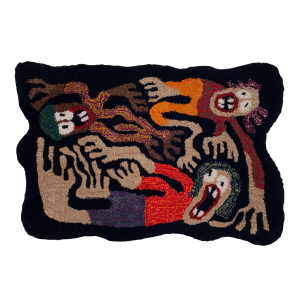 Tekstiili, jossa on mutkittelevasti sommiteltuja, värikkäisiin vaatteisiin pukeutuneita ihmishahmoja suu auki.