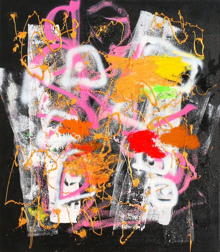 Abstrakti värikäs maalaus mustalla pohjalla.