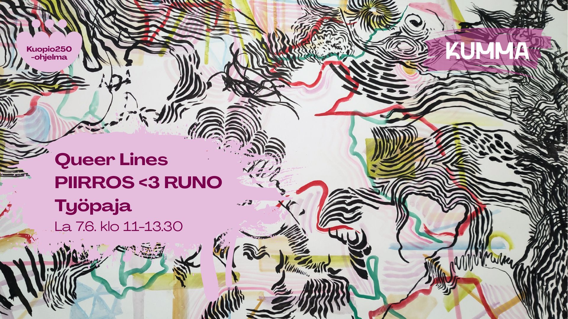 Kuvassa on abstrakti piirros taustalla. Kuvassa lukee Queer Lines, piirros