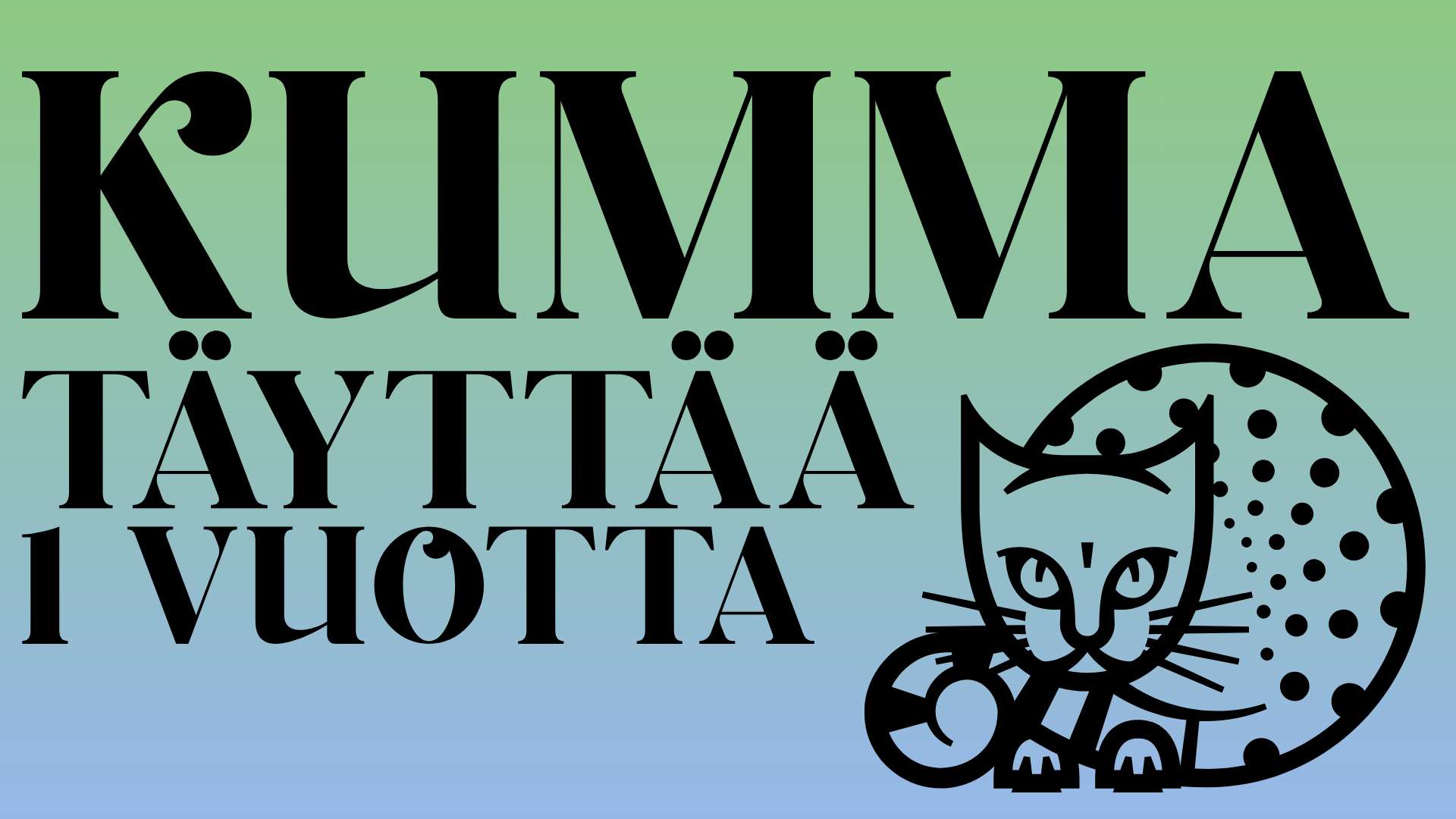 Kuvassa on kissa ja lukee kumma täyttää 1 vuotta