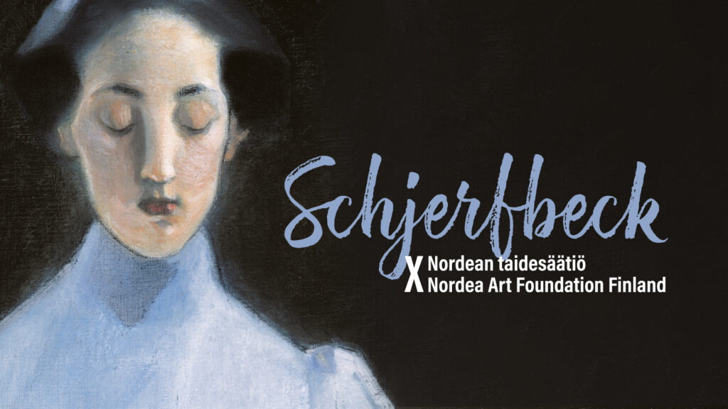 A cropped detail of a painting depicting a person in a light blue garment with eyes closed against a dark background. The image includes the exhibition title “Schjerfbeck X Nordea Art Foundation Finland” in large lettering.