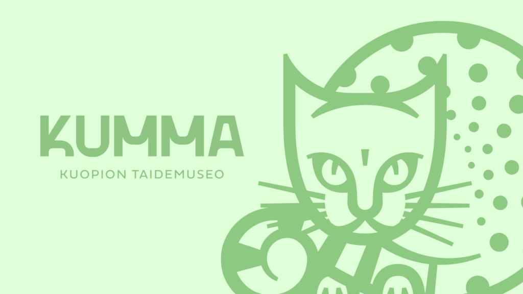 Kuvassa on vihreä graafinen kissa ja lukee KUMMA Kuopion taidemuseo
