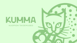 Kuvassa on vihreä graafinen kissa ja lukee KUMMA Kuopion taidemuseo