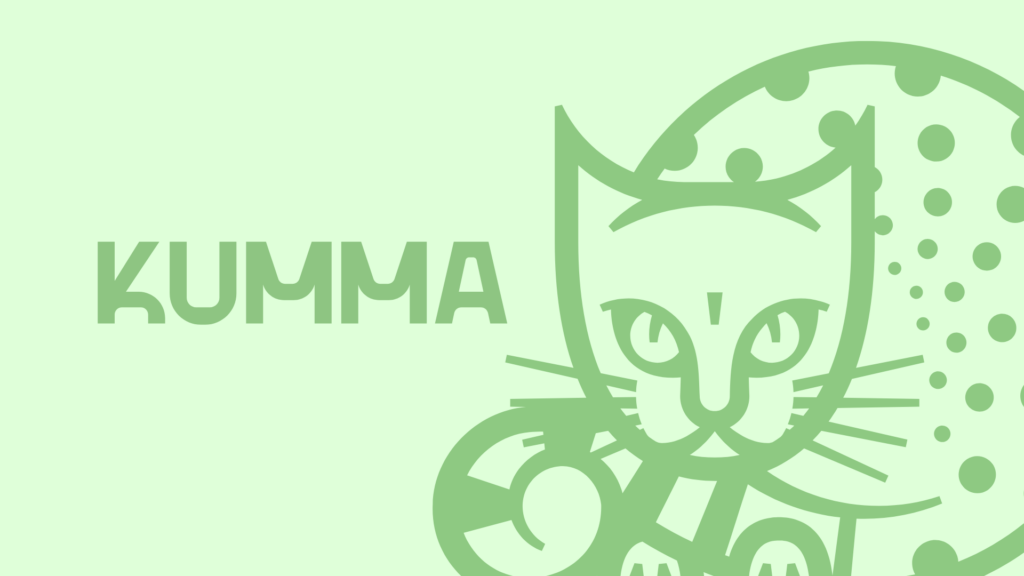 Kuvassa on vihreä graafinen kissa ja lukee KUMMA